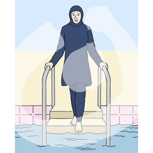 Eine Person in Burkini geht über eine Treppe in einen Pool.