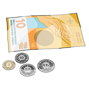 Ein Schein Schweizer Franken und Münzen.