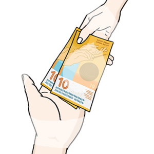 Eine Hand übergibt Scheine Schweizer Franken in eine andere Hand.