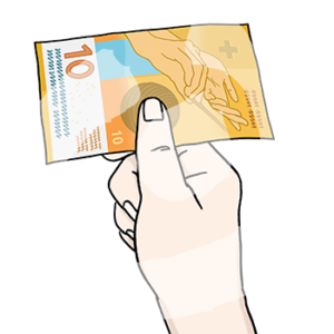 Eine Hand mit einem Schein Schweizer Franken.