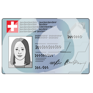 Ein Ausweis mit einem Portrait, Schrift und der Schweizer Flagge.