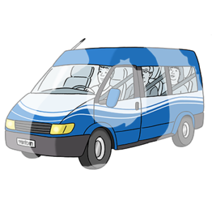 Drei Personen sitzen in einem 6-Sitzer.