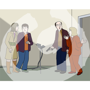 Zwei Personen stehen zwei weiteren Personen gegenüber. Diese beiden gucken sich an, eine Person hat eine Waffe in der Hand.