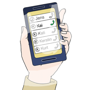 Eine Hand hält ein Handy, auf dem Bildschirm sind verschiedene Namen und Symbole von Telefonhörern.