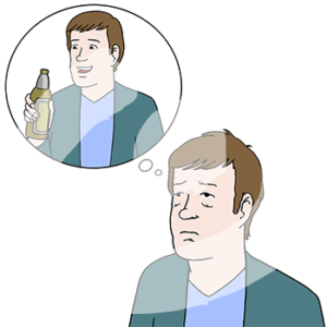 Eine traurige Person. Über ihr eine Denkblase mit der gleichen Person mit Flasche in der Hand und glücklichem Gesichtsausdruck.