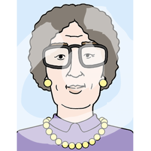 Portraitansicht einer Frau mit grauen Haaren, Perlenohringen und Perlenkette.