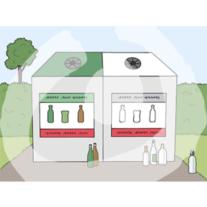 Zwei Container mit zwei runden Öffnungen. Auf einem Container ist ein Schild mit grünen und brauen Flaschen, auf dem anderen weiße. Davor stehen Flaschen.
