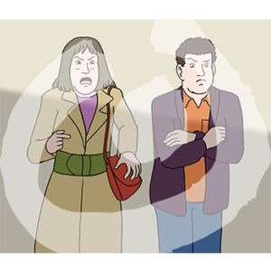 Zwei wütende Personen stehen nebeneinander. Eine Person hat einen offenen Mund.