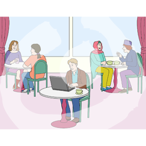 Eine Person sitzt mit einem Laptop und einer Tasse an einem Tisch. Im Hintergrund sitzen weitere Personen mit Tassen und Bechern an Tischen.