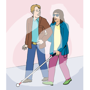 Eine Person mit Langstock läuft bei eingehakt mit einer anderen Person auf einem Bürgersteig.