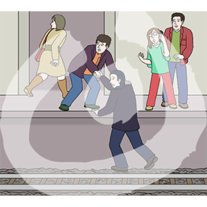 Vier Personen stehen an einem Bahngleis. Eine Person zieht eine andere vom Gleisbett. Eine Person läuft weg, eine andere telefoniert.