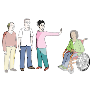 Drei Personen mit heller Hautfarbe stehen zusammen. Eine dieser Personen streckt die Hand weg und hält diese in Richtung einer Frau mit dunkler Hautfarbe im Rollstuhl.