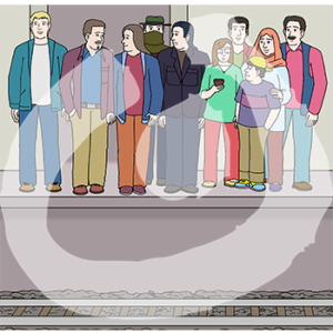 Zehn Personen stehen an einem Bahnsteig.