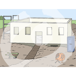 Eine Baustelle mit unfertigem Wohnhaus.