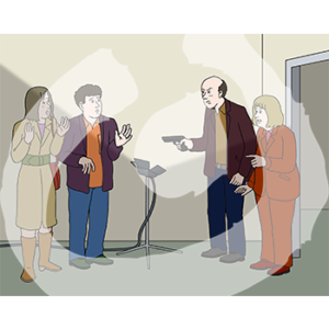 Zwei Personen mit erhobenen Händen stehen vor zwei weiteren Personen. Eine hält eine Waffe.