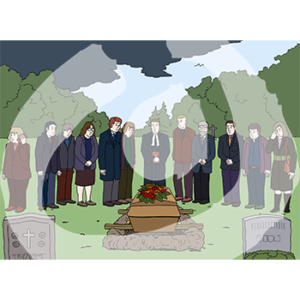 Zwölf Personen stehen vor einem Grab. Eine Person trägt einen Talar, eine andere telefoniert.