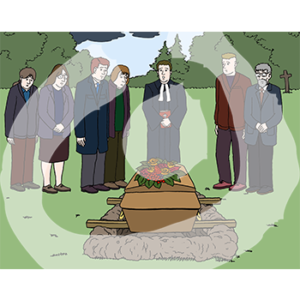 Sieben Personen stehen vor einem Grab. Eine Person trägt einen Talar und hält ein Buch mit einem Kreuz in den Händen.