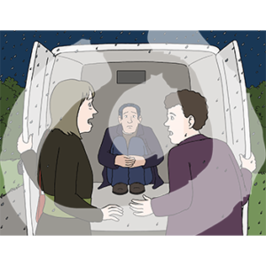 Zwei erstaunte Personen stehen im Regen vor einer offenen Lieferwagentür. Im inneren sitzt ein Mann.