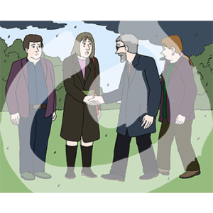 Zwei Personen in dunkler Kleidung stehen im Regen, ein Mann gibt ihnen die Hand, dahinter steht eine Frau.