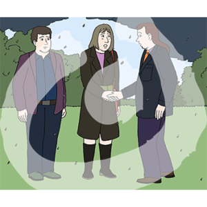 Zwei Personen in dunkler Kleidung stehen im Regen, ein Mann gibt ihnen die Hand.