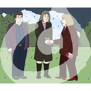 Zwei Personen in dunkler Kleidung stehen im Regen, eine Frau gibt ihnen die Hand.