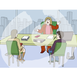 Zwei Personen sitzen vor einem Schreibtisch und gucken eine Personen an die hinter dem Tisch sitzt. Im Hintergrund ist eine Skyline mit hohen Gebäuden.