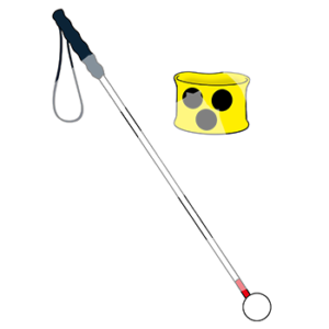 Eine Sehbehindertenbinde und ein Langstock.