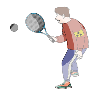 Eine Person mit Sportkleidung, Tennisschläger, Ball und Sehbehindertenbinde.