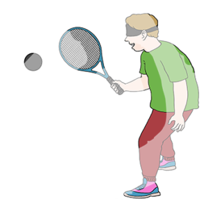 Eine Person mit Sportkleidung, Tennisschläger, Ball und Augenbinde.