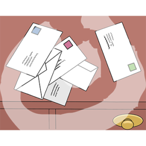 Sechs Briefe auf einem Sekretär.