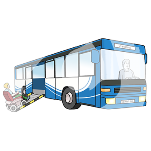 Eine Person fährt im Rollstuhl auf einer Rampe in einen Bus.