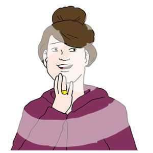 Portraitansicht einer Person die sich eine Hand ans Kinn hält. An der Hand trägt sie einen goldenen Ring.