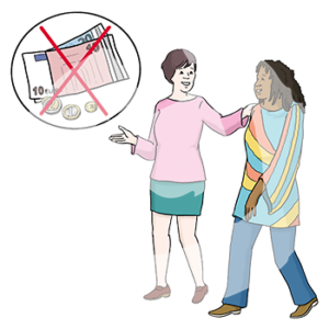 Eine Frau mit heller Hautfarbe legt einer Frau mit dunkler Hautfarbe eine Hand auf die Schulter. Daneben ist ein eingekreistes Bild mit durchgestrichenem Geld.