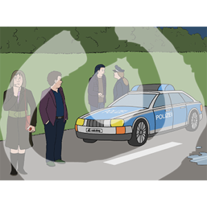 Eine Person in Polizeiuniform steht vor einem Polizeiauto. Vor ihr steht eine andere Person. Vor dem Auto stehen zwei nachdenkliche Personen.