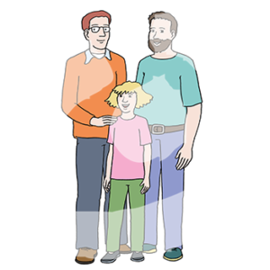 Zwei Männer stehen hinter einem Kind.