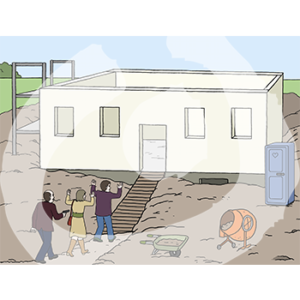 Zwei Personen mit erhobenen Händen gehen auf ein unfertiges Haus auf einer Baustelle zu. Hinter ihnen läuft eine weitere Person mit einer Waffe.