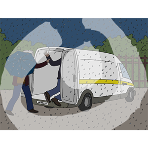 Eine Person mit Regenschirm vor dem Gesicht schubst eine andere Person in einen Lieferwagen.