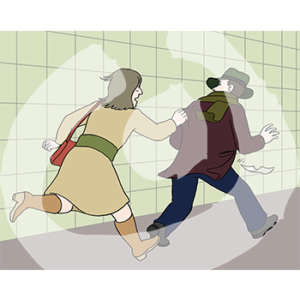 Eine Person rennt einer anderen Person hinterher und greift nach ihrer Jacke.