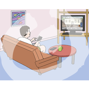 Eine Person sitzt auf dem Sofa und guckt auf einen Fernseher.