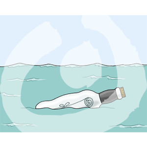 Eine Flasche mit Zettel darin im Wasser.