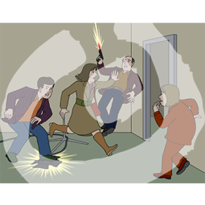 Vier Personen in einem Raum. Eine Person schubst eine zweite Person mit feuernder Pistole in der Hand, sie fällt nach hinten. Daneben tritt eine Person auf einen Scheinwerfer. Davor hält sich eine vierte Person die Hand vor den Mund.