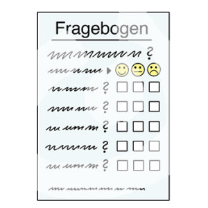 Ein Dokument mit der Überschrift: Fragebogen. Reihen mit Schrift und einem glücklichen, einem neutralen und einem traurigen Smiley, darunter Kästen zum Ankreuzen.