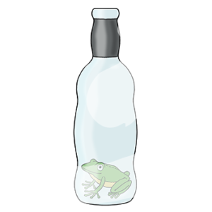 Ein Frosch am Boden einer Flasche.