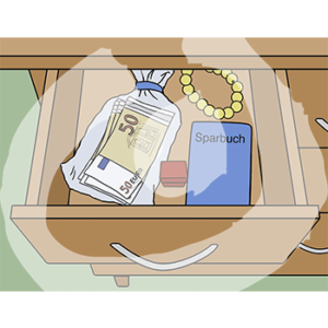 Eine offene Schublade mit einer Tüte Geld, einem Sparbuch und einem Armband.