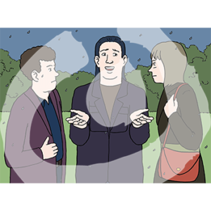 Drei Personen stehen draußen im Regen. Die mittlere Person hebt die Hände. Die Personen links und rechts gucken sich an.