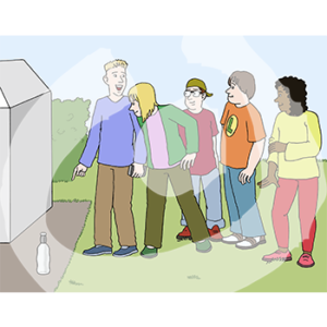 Fünf Kinder stehen auf einer Wiese. Alle gucken eines der Kinder an, das zeigt auf eine Flasche auf dem Boden.