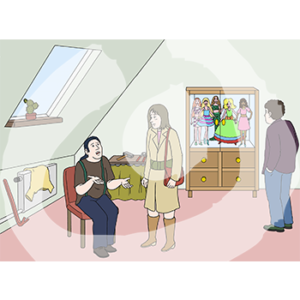 Eine Person steht vor einer anderen auf einem Stuhl sitzenden Person. Eine andere Person guckt in einen offenen Schrank mit Puppen.