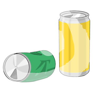 Zwei Dosen. Eine stehend und eine leicht zerdrückt liegend.