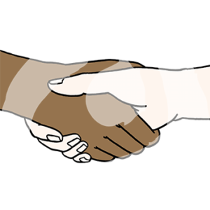 Zwei Hände die sich schütteln. Eine Hand mit heller und eine mit dunkler Hautfarbe.