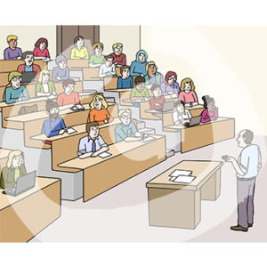 Eine Gruppe von Personen sitzt in Hörsaalsitzbänken vor einer Person die hinter einem Pult steht.